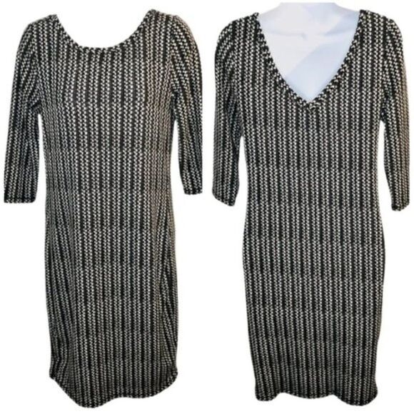 Philosophy Abstract V-Back Bodycon Midi Dress Black Modal White M - Picture 1 of 9